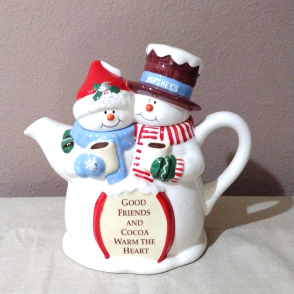 VINTAGE Teapot Mr & Mrs Snowman Hershey's Houston Harvest Friends Cocoa Warm ❤️